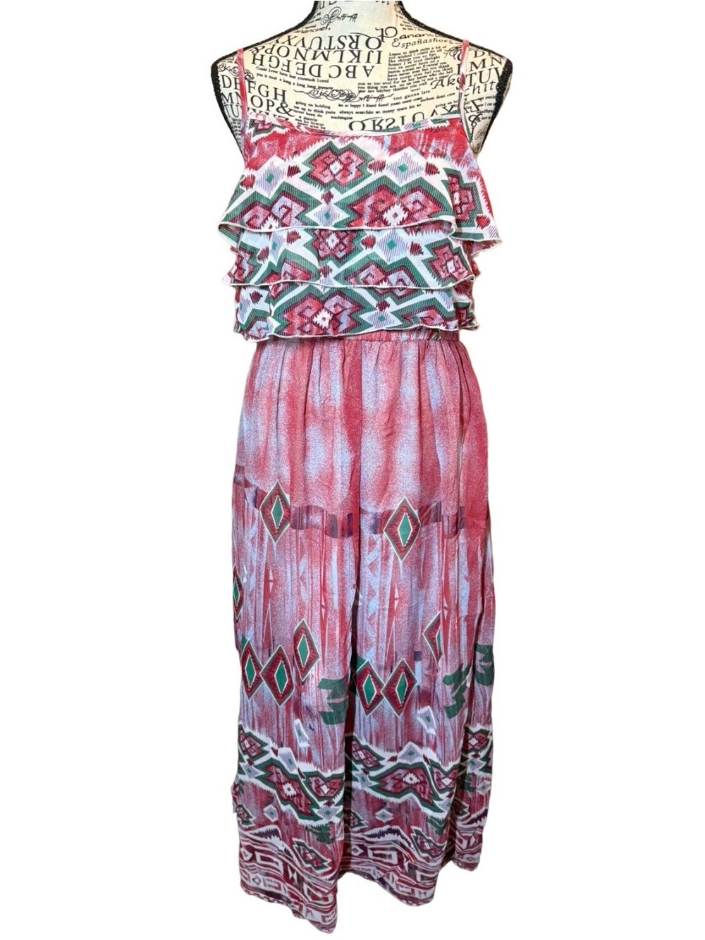 She’s Cool Boho Y2K Aztec Print Ruffle Maxi Dress Size L